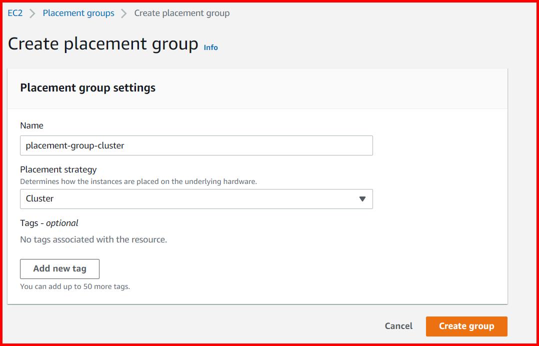 Picture showing the create placement group screen with placement strategy as cluster